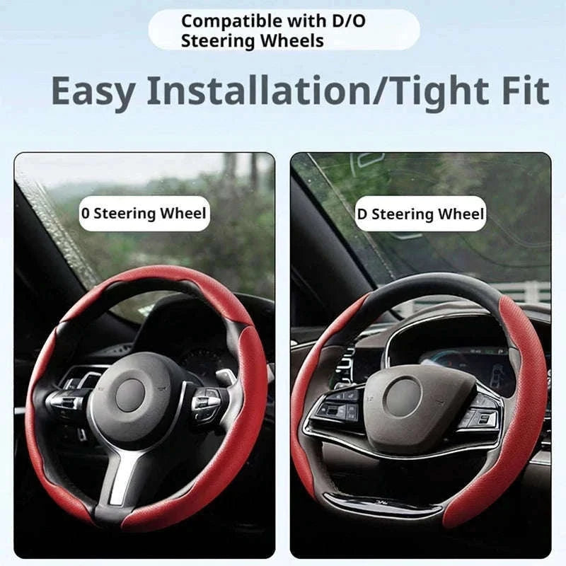 Universal Car Steering Wheel Cover 3-Piece Premium Leather Ultra-Slim Non-Slip-3Pcs Black-Red Tag