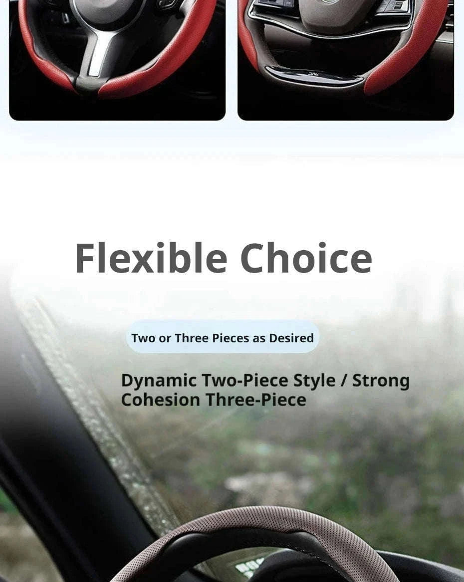 Universal Car Steering Wheel Cover 3-Piece Premium Leather Ultra-Slim Non-Slip-3Pcs Black-Red Tag
