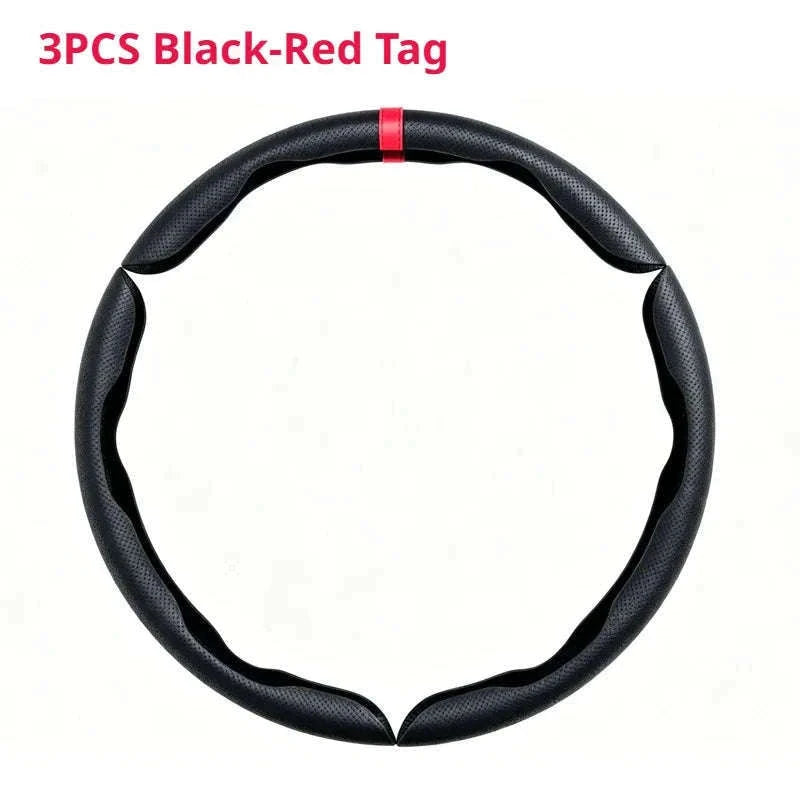 Universal Car Steering Wheel Cover 3-Piece Premium Leather Ultra-Slim Non-Slip-3Pcs Black-Red Tag