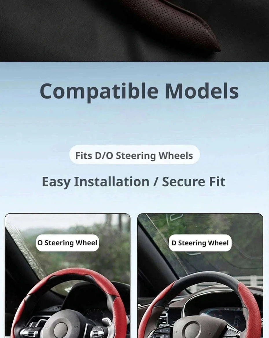 Universal Car Steering Wheel Cover 3-Piece Premium Leather Ultra-Slim Non-Slip-3Pcs Black-Red Tag
