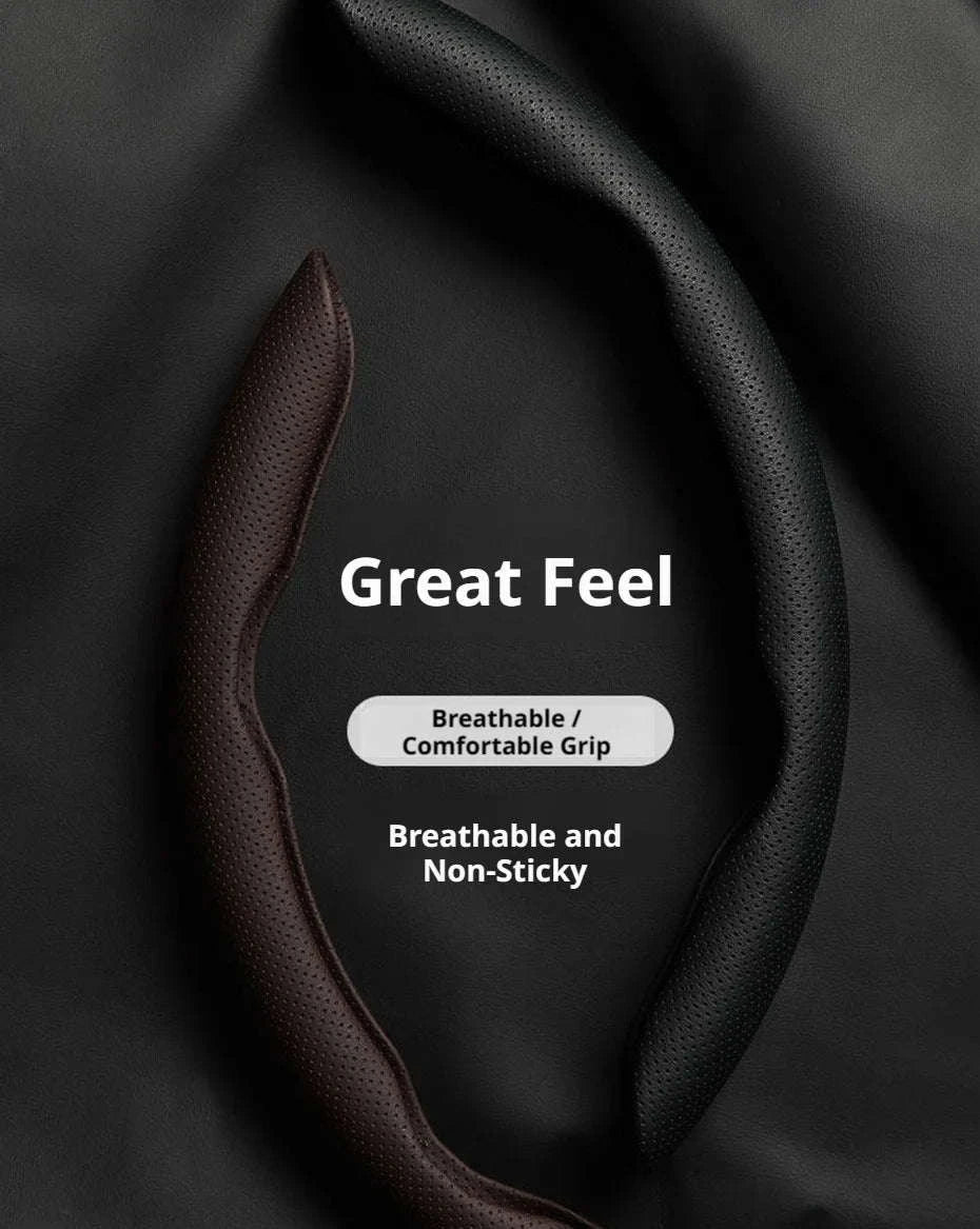 Universal Car Steering Wheel Cover 3-Piece Premium Leather Ultra-Slim Non-Slip-3Pcs Black-Red Tag
