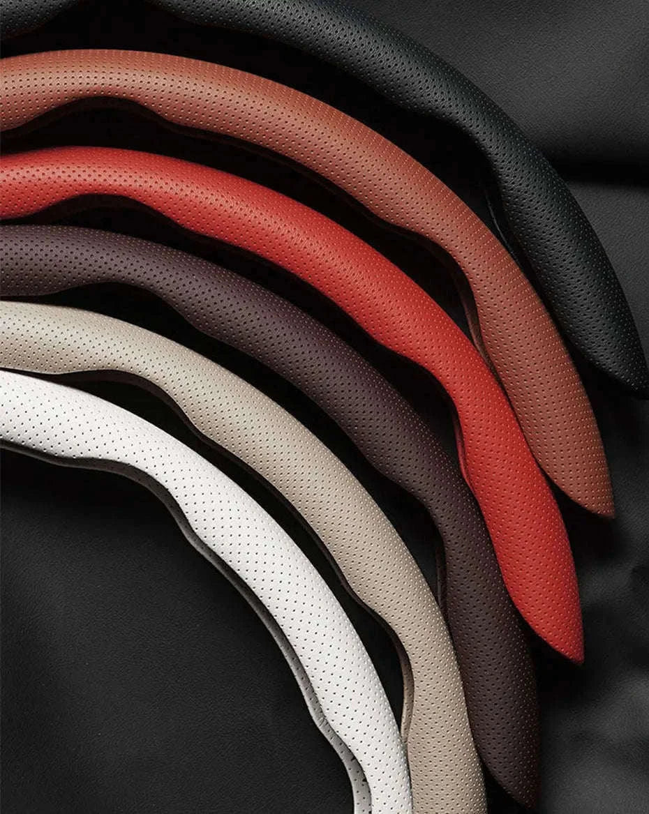 Universal Car Steering Wheel Cover 3-Piece Premium Leather Ultra-Slim Non-Slip-3Pcs Black-Red Tag