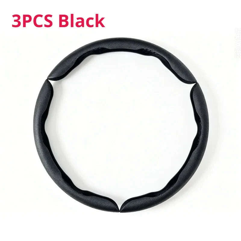 Universal Car Steering Wheel Cover 3-Piece Premium Leather Ultra-Slim Non-Slip-3Pcs Black-Red Tag