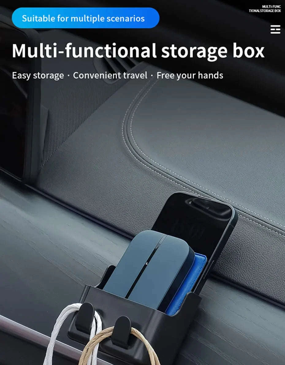 Universal Car Storage Box with Dual Hooks and Charging Port-Black