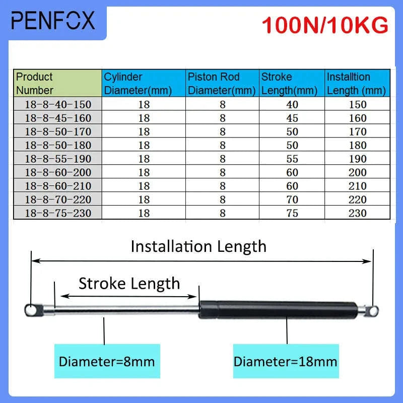 Universal Gas Spring Lift Support 150-230mm 10kg/100N-18-8-45-160
