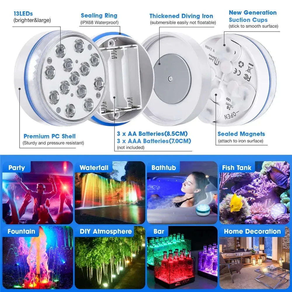 Updated Submersible 13LED Underwater Pool Light with Remote Control-1 Light 1 Controller / 7cm
