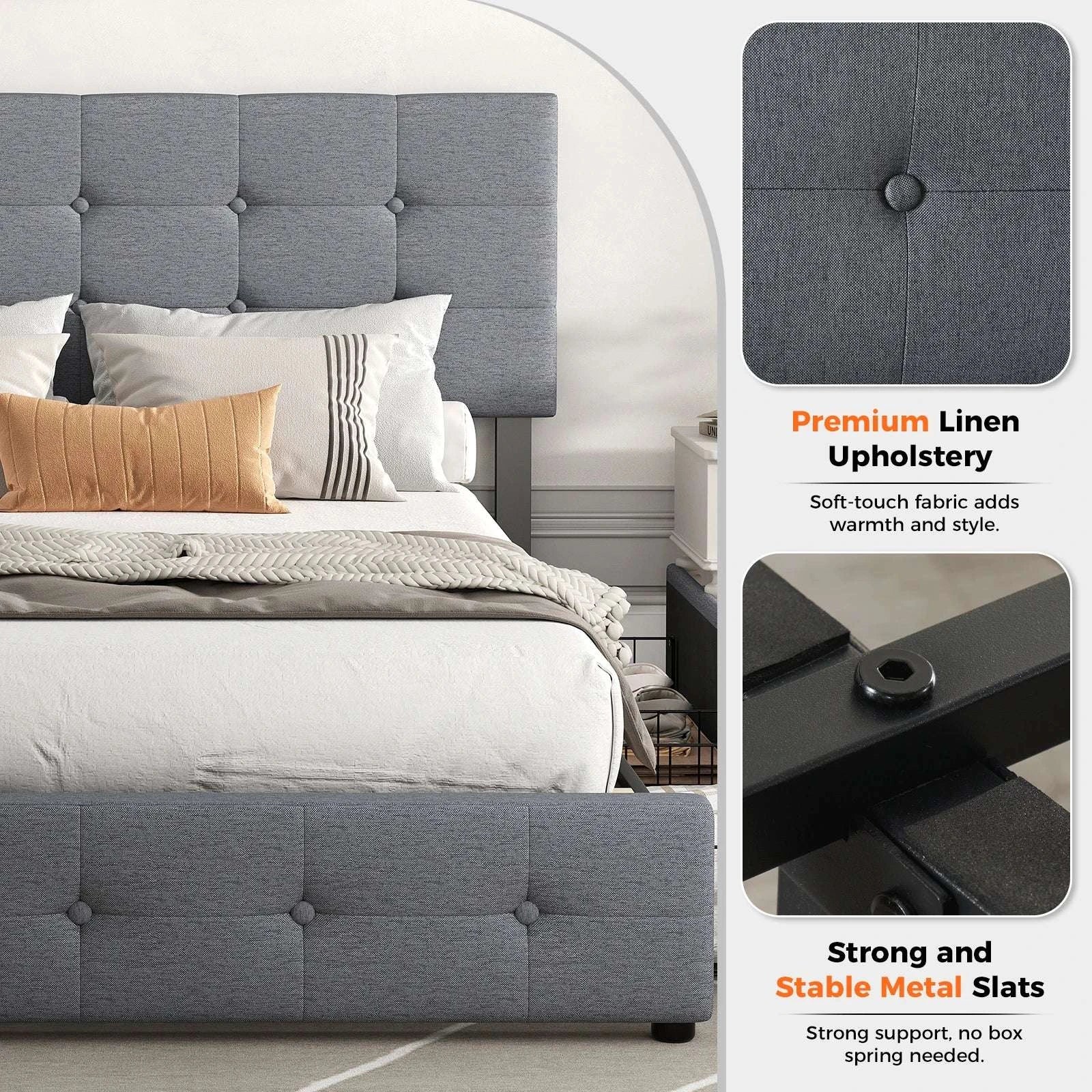 Upholstered Bed Frame with 4 Drawers & Adjustable Headboard-Full / United States