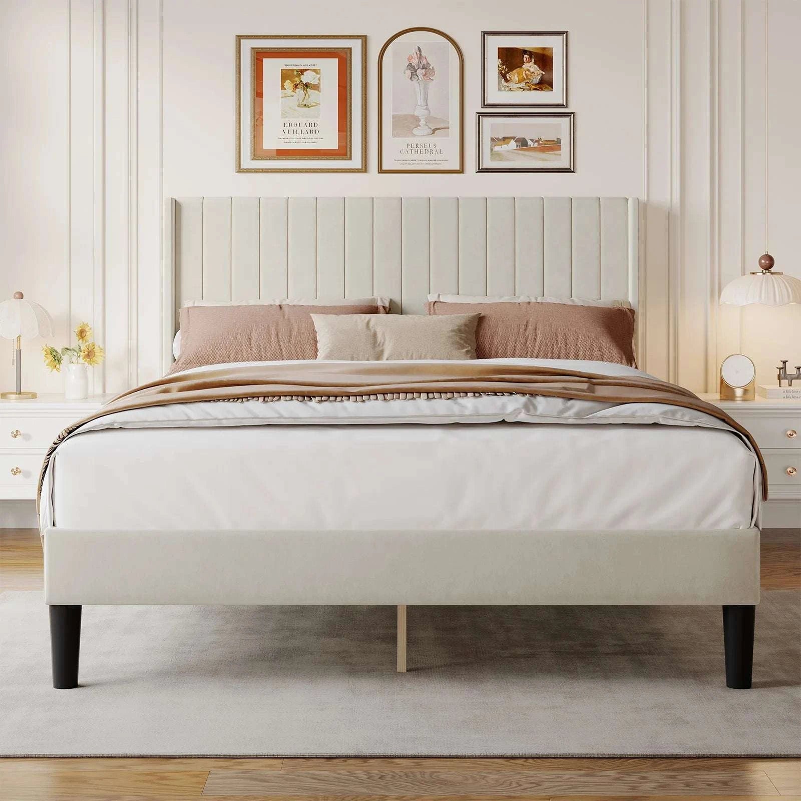 Upholstered Platform Bed Frame with Wingback Headboard and Storage-PU Black / Queen / United States