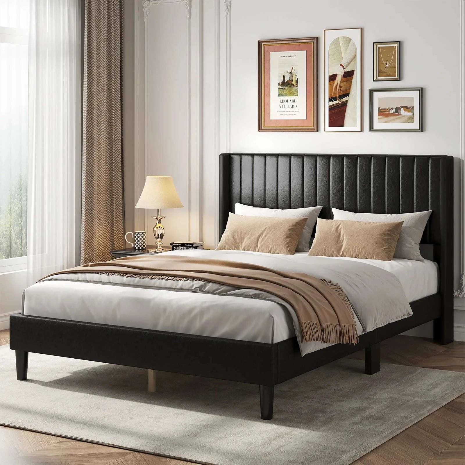 Upholstered Platform Bed Frame with Wingback Headboard and Storage-PU Black / Queen / United States