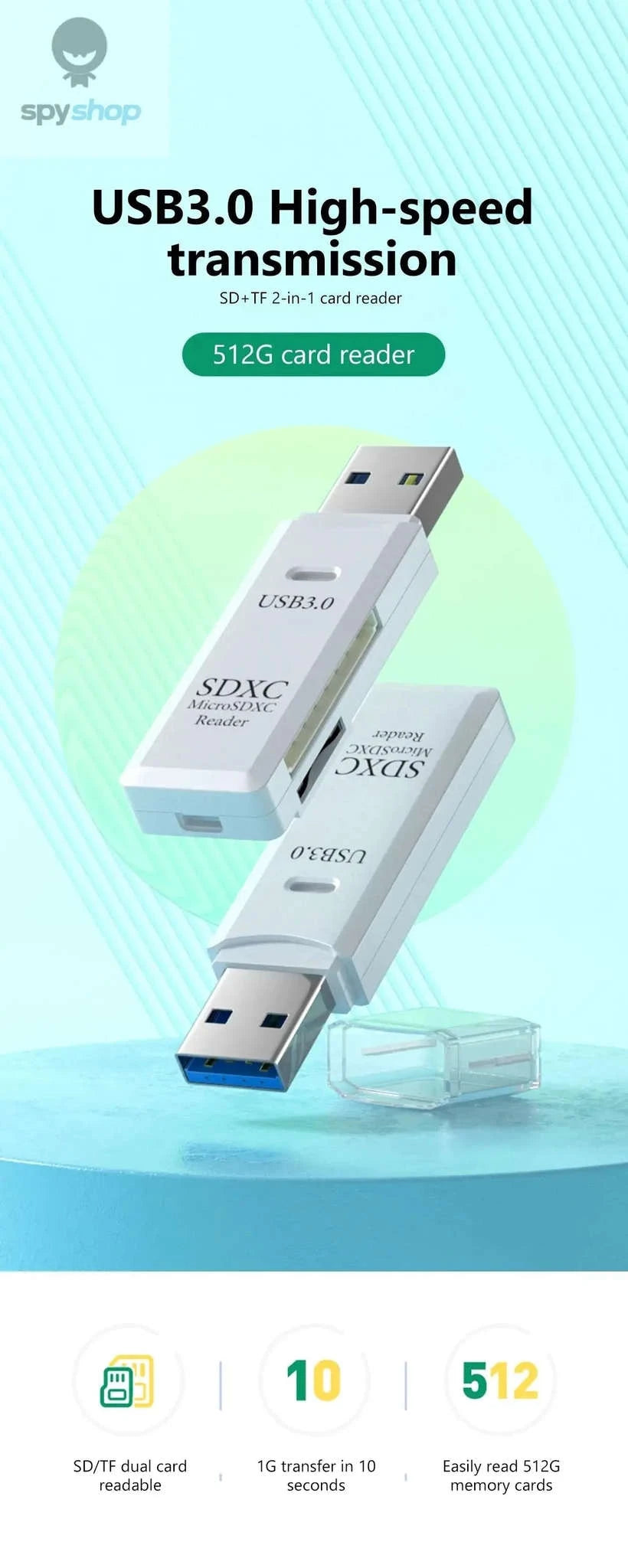 USB 3.0 Card Reader – 2‑in‑1 Micro TF & SD High‑Speed Adapter-USB3.0 White