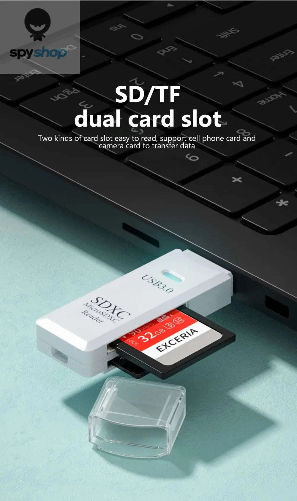 USB 3.0 Card Reader – 2‑in‑1 Micro TF & SD High‑Speed Adapter-USB3.0 White