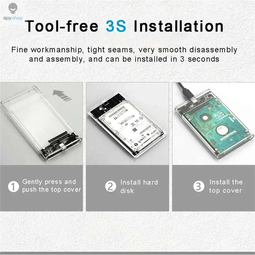 USB 3.0 HDD Enclosure – Transparent 2.5-Inch SATA SSD/HDD Case with Tool‑Free Setup-