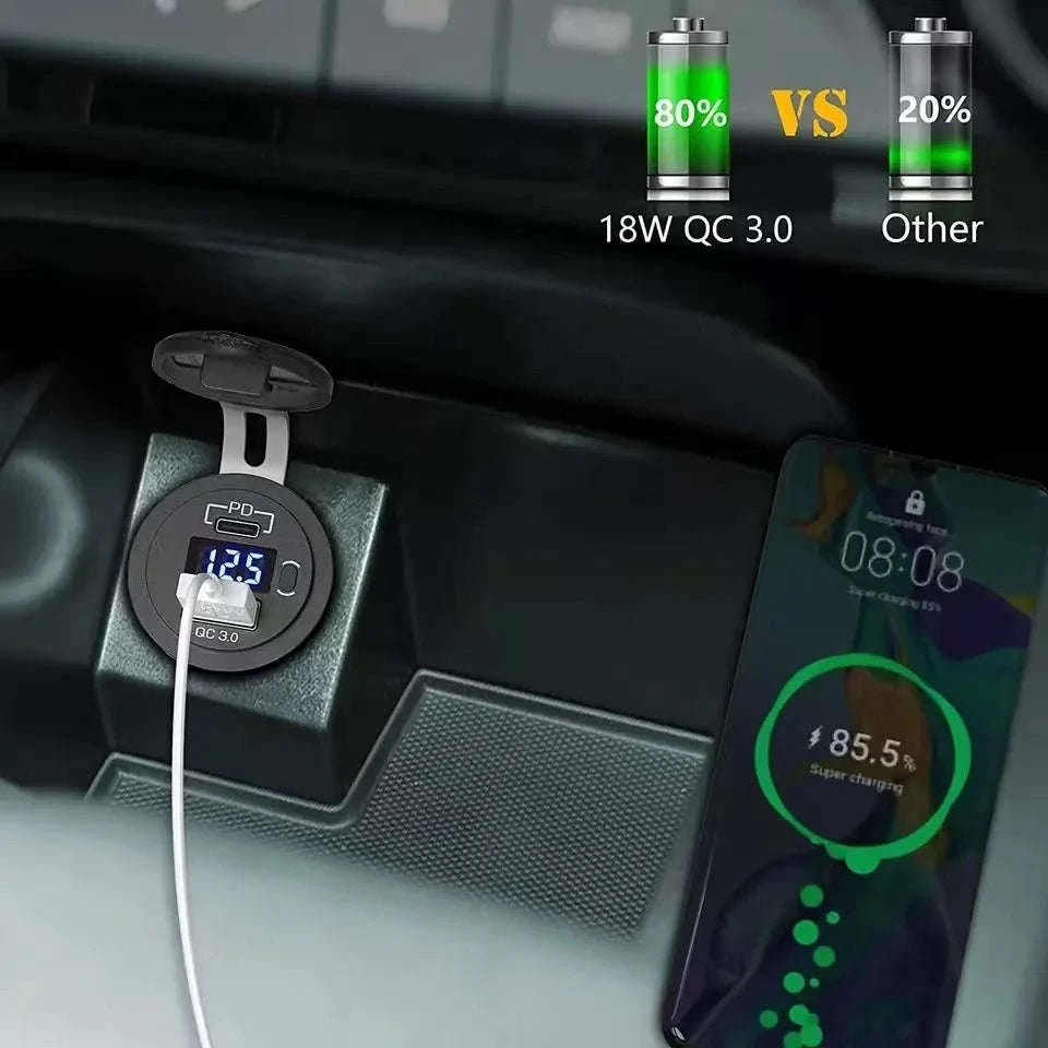 USB C Car Charger Socket 12V/24V Dual USB Port with LED Voltmeter and On/Off Switch-120R