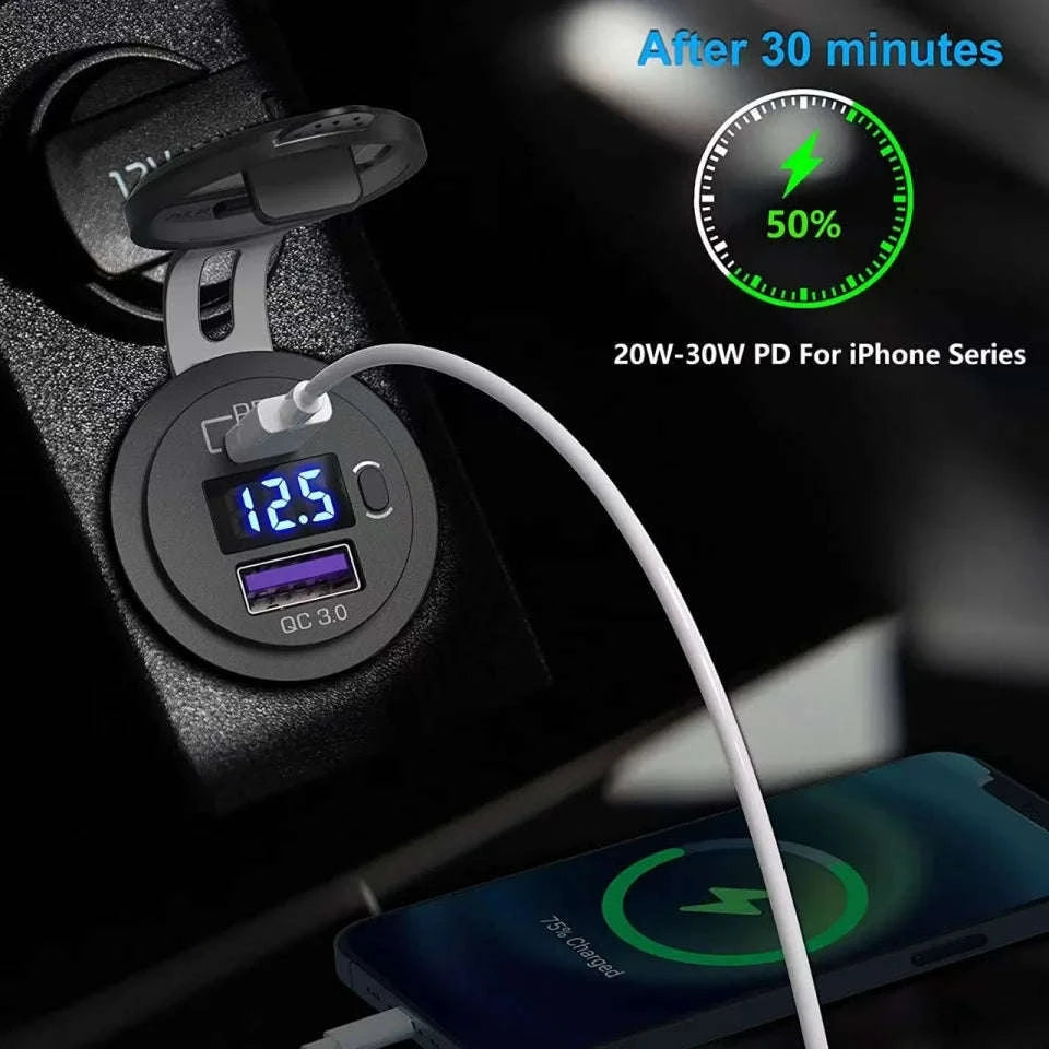 USB C Car Charger Socket 12V/24V Dual USB Port with LED Voltmeter and On/Off Switch-120R