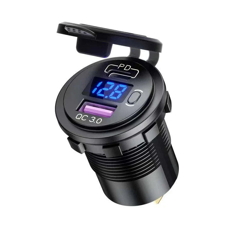 USB C Car Charger Socket 12V/24V Dual USB Port with LED Voltmeter and On/Off Switch-120R