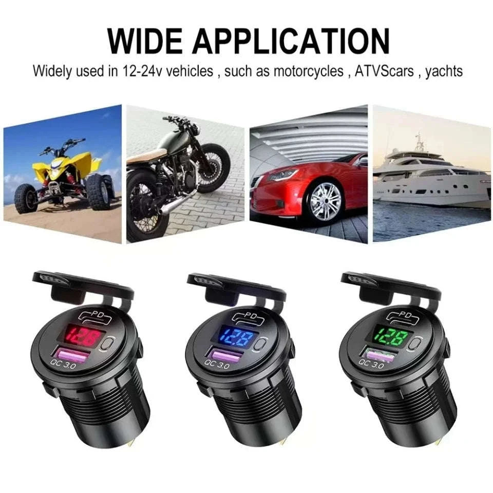 USB C Car Charger Socket 12V/24V Dual USB Port with LED Voltmeter and On/Off Switch-120R