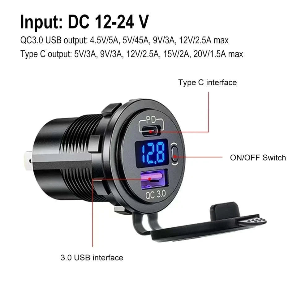 USB C Car Charger Socket 12V/24V Dual USB Port with LED Voltmeter and On/Off Switch-120R