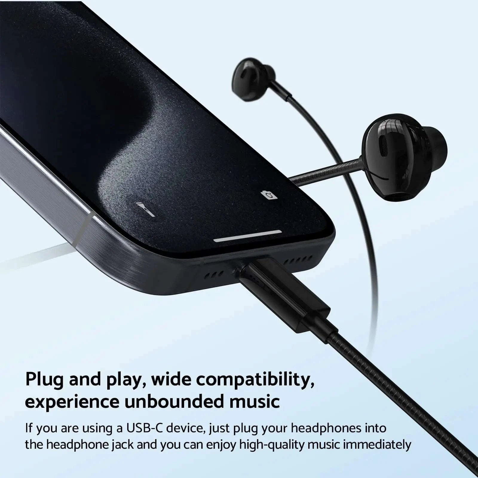 USB-C Wired Earphones for Samsung & Android-Black 3.5mm