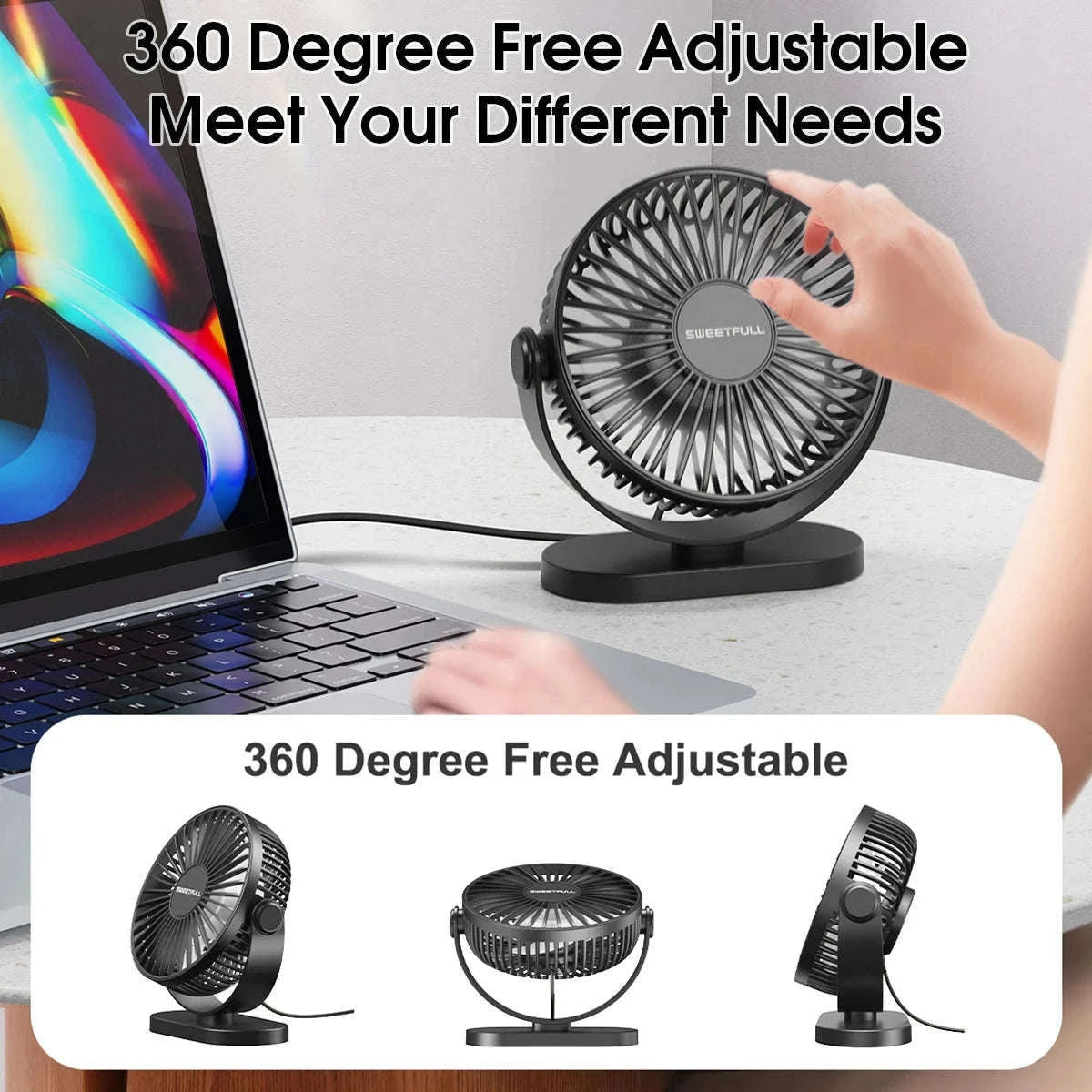 USB Desktop Wall Mounted Mini Fan, 3-Speed Quiet Cooling Fan-Black