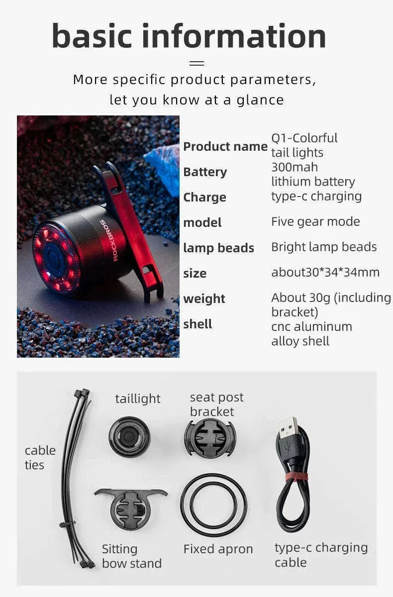 USB Rechargeable Bicycle Rear Light with Smart Sensing & IPX6 Waterproof-Q1
