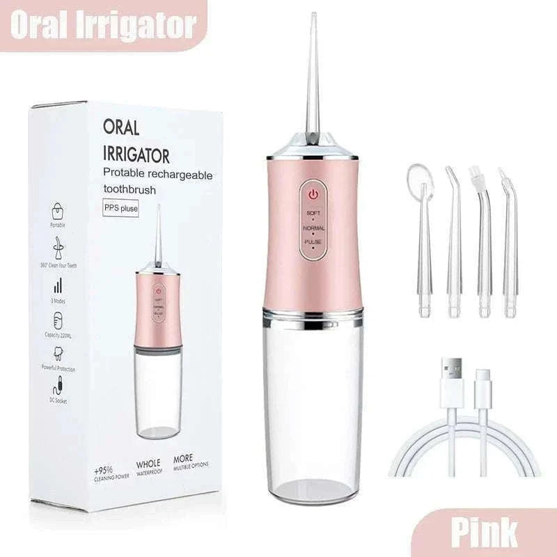 USB Rechargeable Portable Dental Water Flosser with 4 Jet Tips-059-Pink