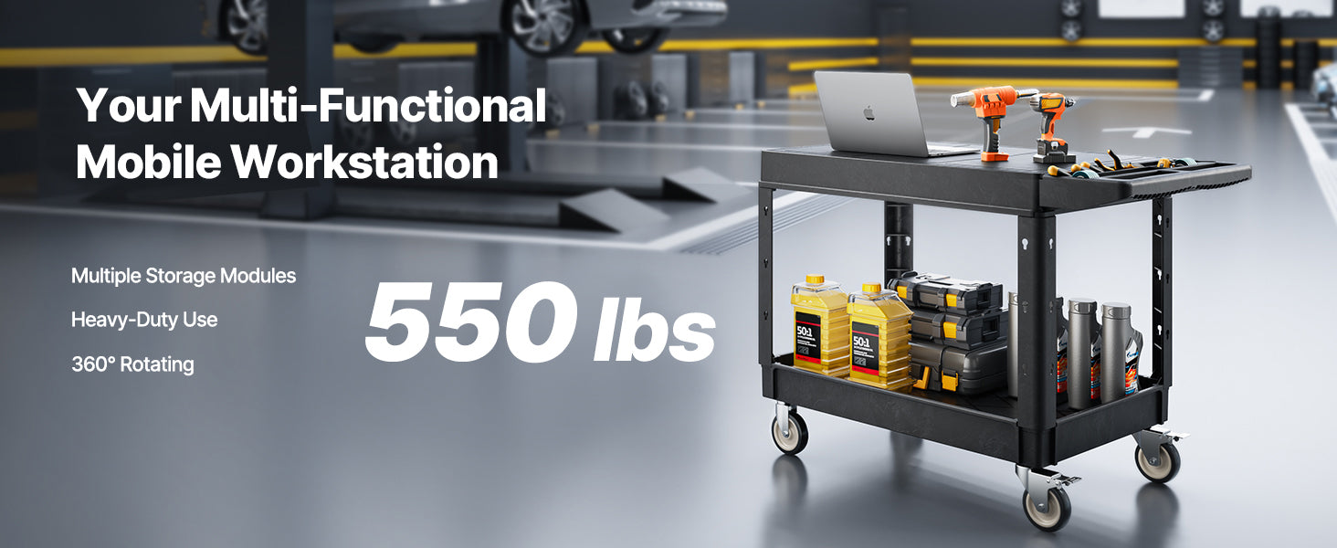 Robustní dvoupatrový užitkový vozík s nosností 550 lb a otočnými kolečky