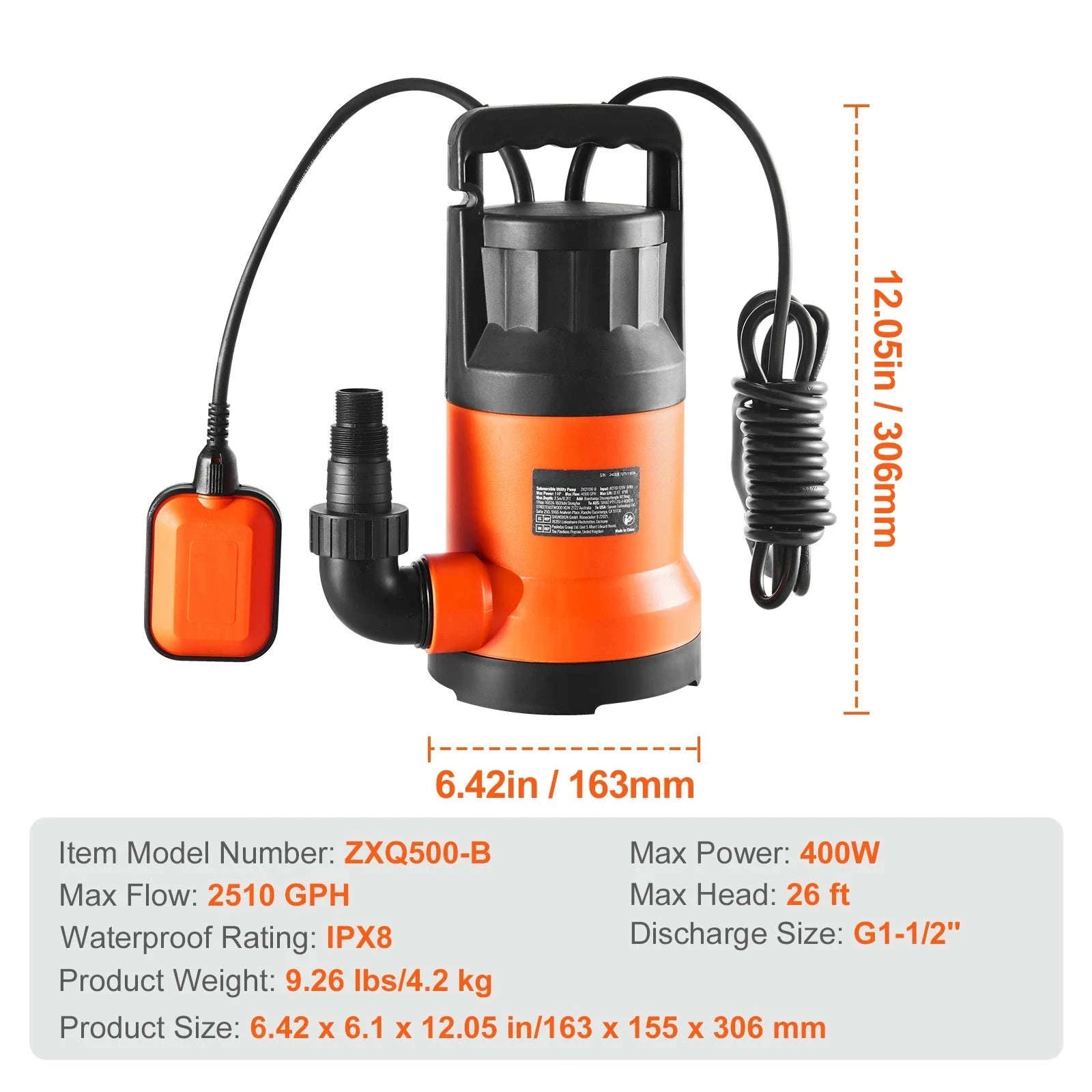 Utility Pump 1585/2510/4000 GPH Submersible Water Pump with 10 ft Power Cord-320W 1585 GPH / EU / CZECH REPUBLIC