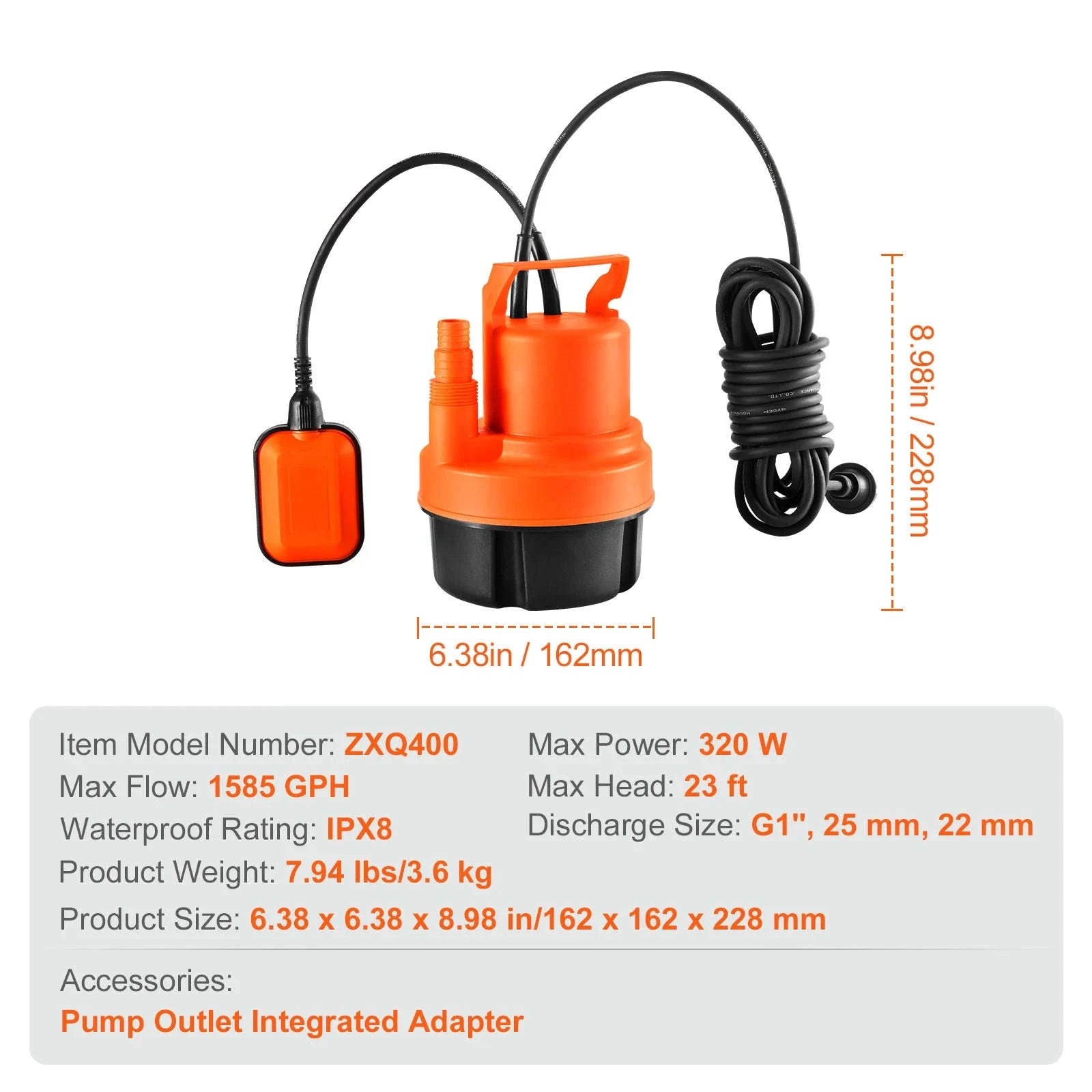 Utility Pump 1585/2510/4000 GPH Submersible Water Pump with 10 ft Power Cord-320W 1585 GPH / EU / CZECH REPUBLIC