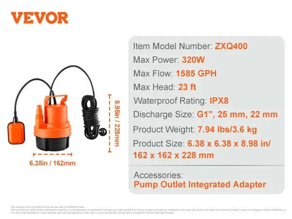 Utility Pump 1585/2510/4000 GPH Submersible Water Pump with 10 ft Power Cord-320W 1585 GPH / EU / CZECH REPUBLIC