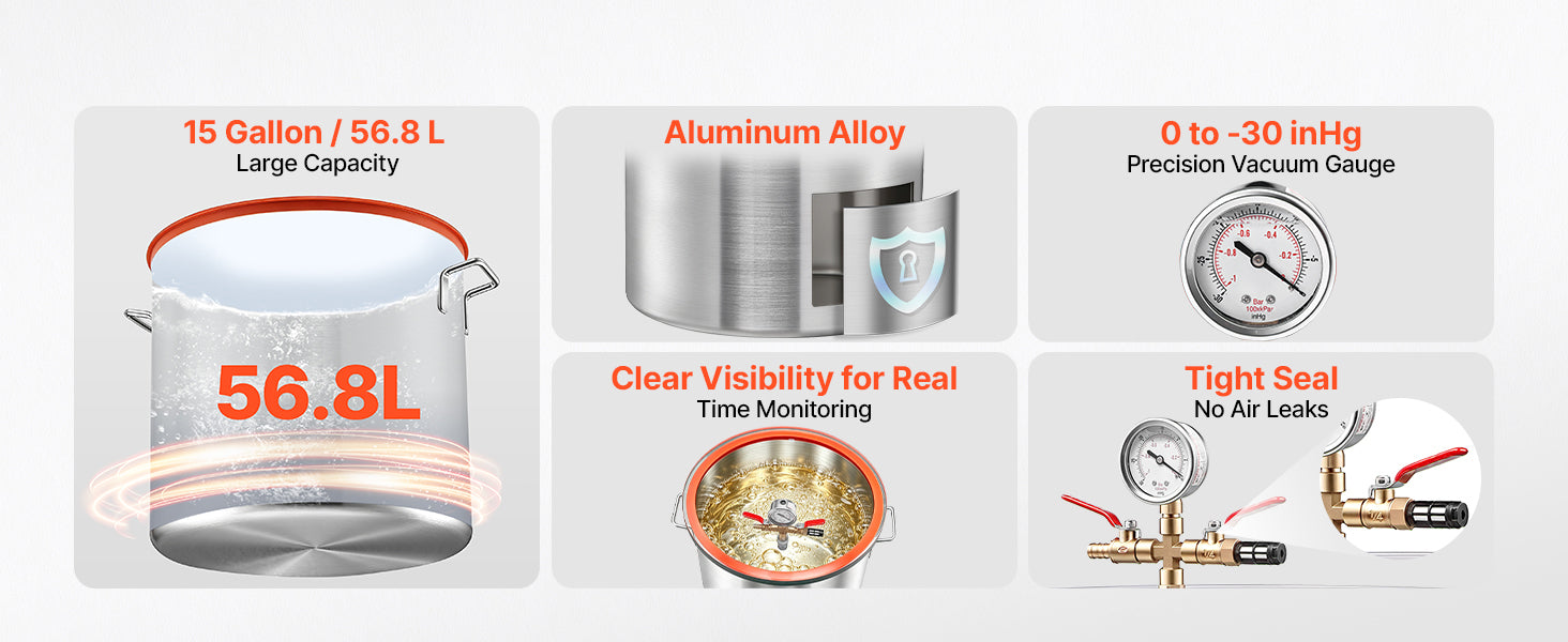 Chambre de dégazage sous vide SucceBuy 1,5 Gal / 9 Gal / 15 Gal avec couvercle en verre trempé, tuyau, filtre à air, pour moulage de résine, stabilisation du bois, dégazage de silicone, époxydes, huiles essentielles