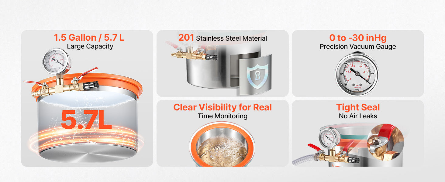 Chambre de dégazage sous vide SucceBuy 1,5 Gal / 9 Gal / 15 Gal avec couvercle en verre trempé, tuyau, filtre à air, pour moulage de résine, stabilisation du bois, dégazage de silicone, époxydes, huiles essentielles