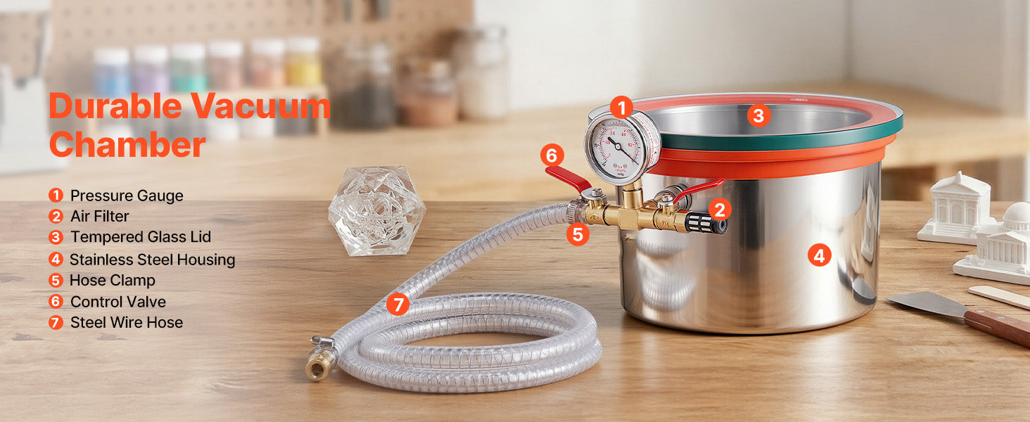 Chambre de dégazage sous vide SucceBuy 1,5 Gal / 9 Gal / 15 Gal avec couvercle en verre trempé, tuyau, filtre à air, pour moulage de résine, stabilisation du bois, dégazage de silicone, époxydes, huiles essentielles