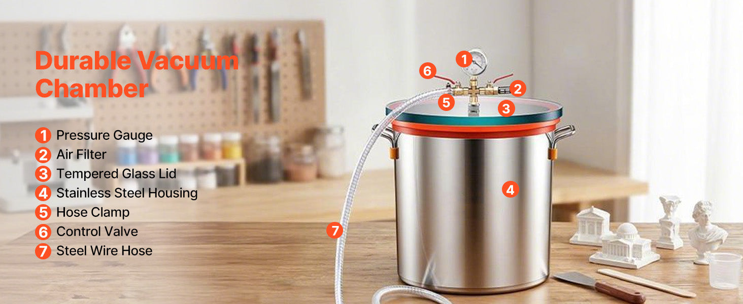 Chambre de dégazage sous vide SucceBuy 1,5 Gal / 9 Gal / 15 Gal avec couvercle en verre trempé, tuyau, filtre à air, pour moulage de résine, stabilisation du bois, dégazage de silicone, époxydes, huiles essentielles