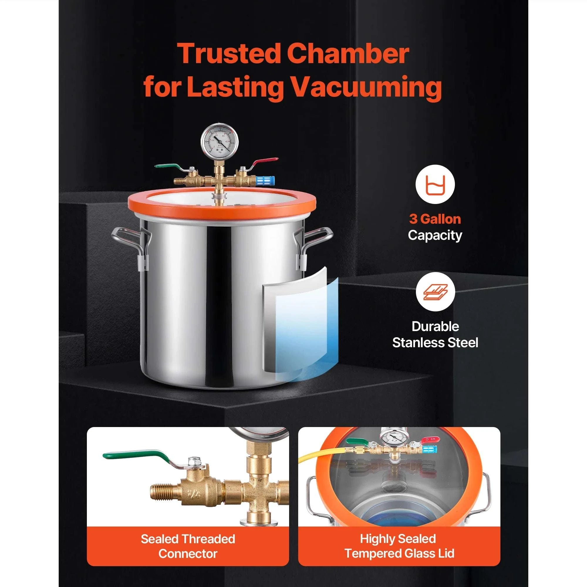 Vacuum Chamber Kit 3.5 CFM Pump for Resin Degassing & Wood Stabilizing-3 Gallon / US / United States