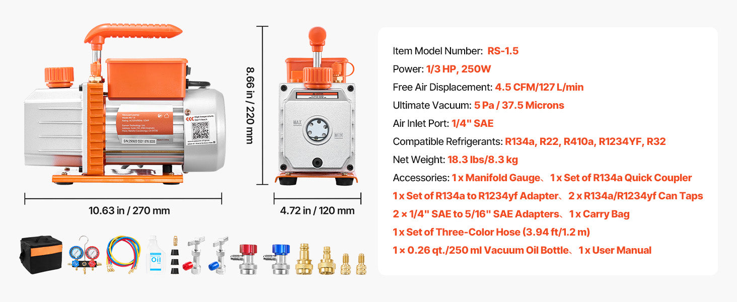 VEVOR AC vakuumska črpalka in komplet merilnika 3,5CFM 1/4HP / 4,5CFM 1/3HP enostopenjski ali 7CFM 3/4HP dvostopenjski za HVAC klimatske naprave