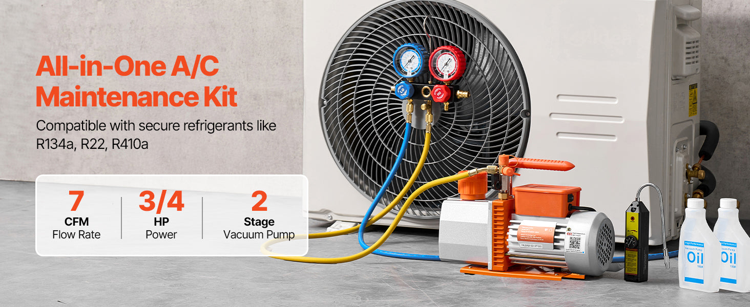 VEVOR AC vakuumska črpalka in komplet merilnika 3,5CFM 1/4HP / 4,5CFM 1/3HP enostopenjski ali 7CFM 3/4HP dvostopenjski za HVAC klimatske naprave