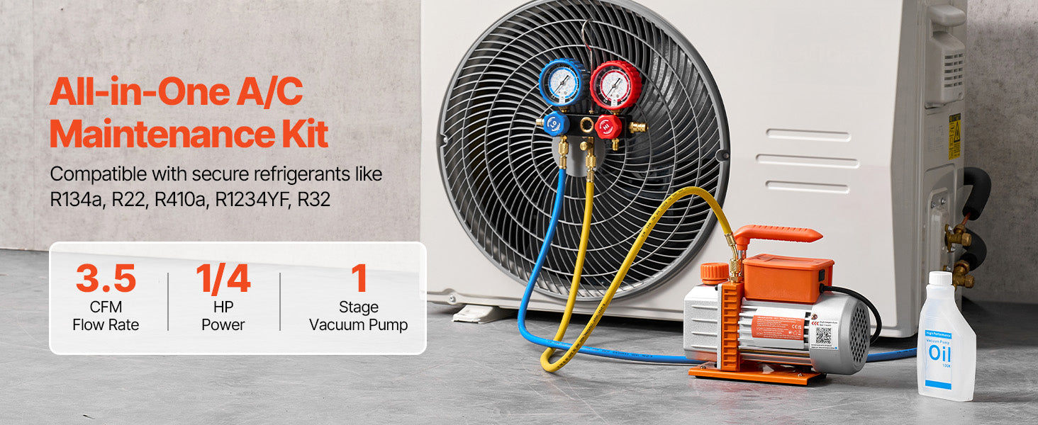 VEVOR AC vakuumska črpalka in komplet merilnika 3,5CFM 1/4HP / 4,5CFM 1/3HP enostopenjski ali 7CFM 3/4HP dvostopenjski za HVAC klimatske naprave