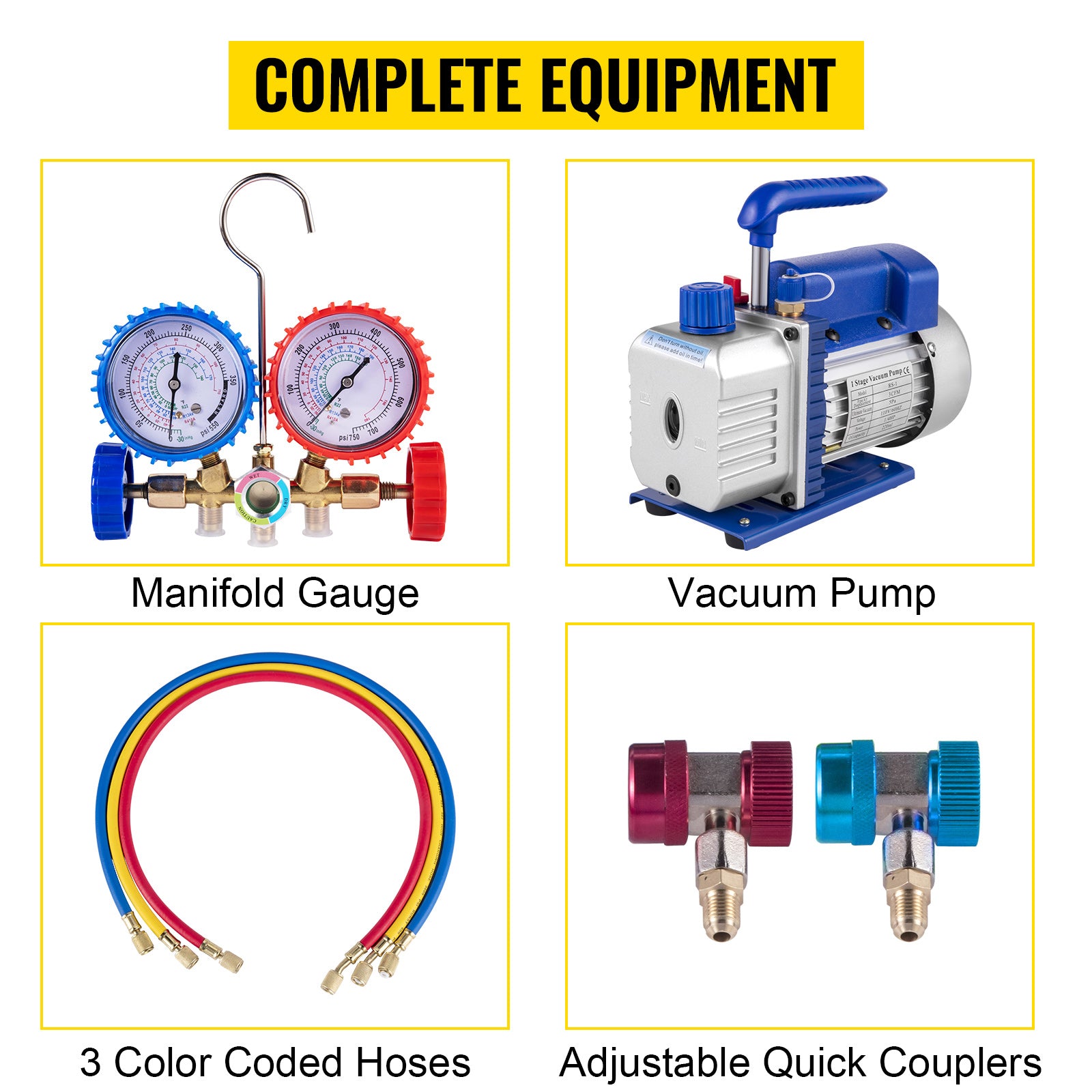 Σετ αντλίας κενού HVAC 3CFM 1/4HP με μετρητές και σωλήνες