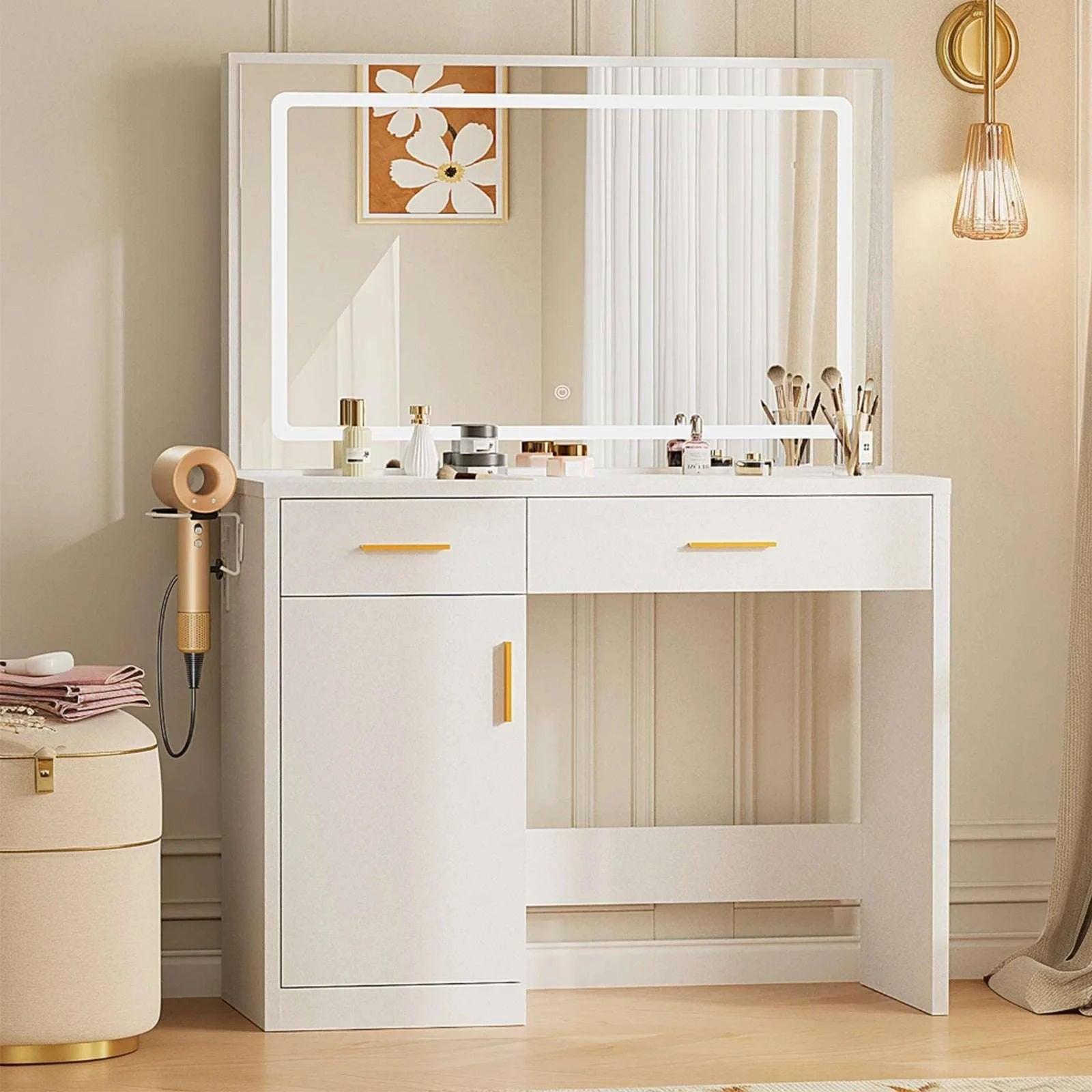 Vanity Desk with LED Mirror, Charging Station & Storage-Light Strip Type / United States