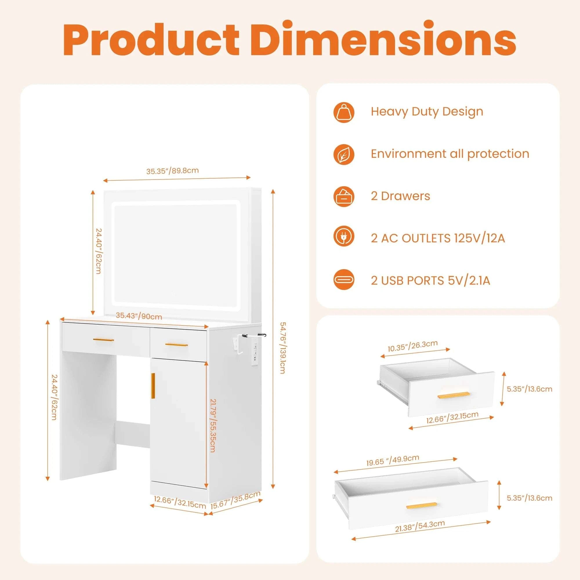Vanity Desk with LED Mirror, Charging Station & Storage-Light Strip Type / United States