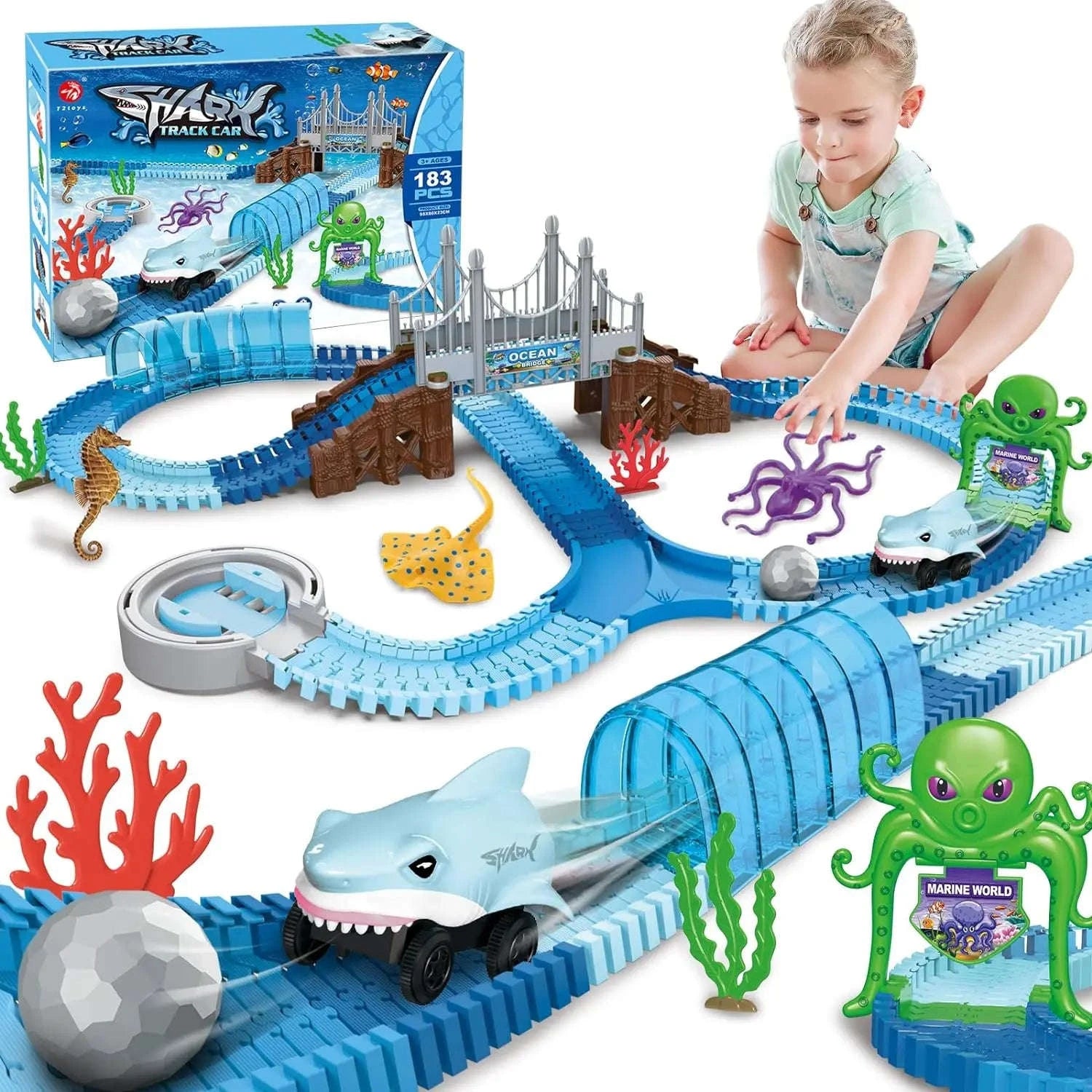 VATOS Shark Race Car Track Toy with Ocean Adventure Theme-Blue / UNITED KINGDOM