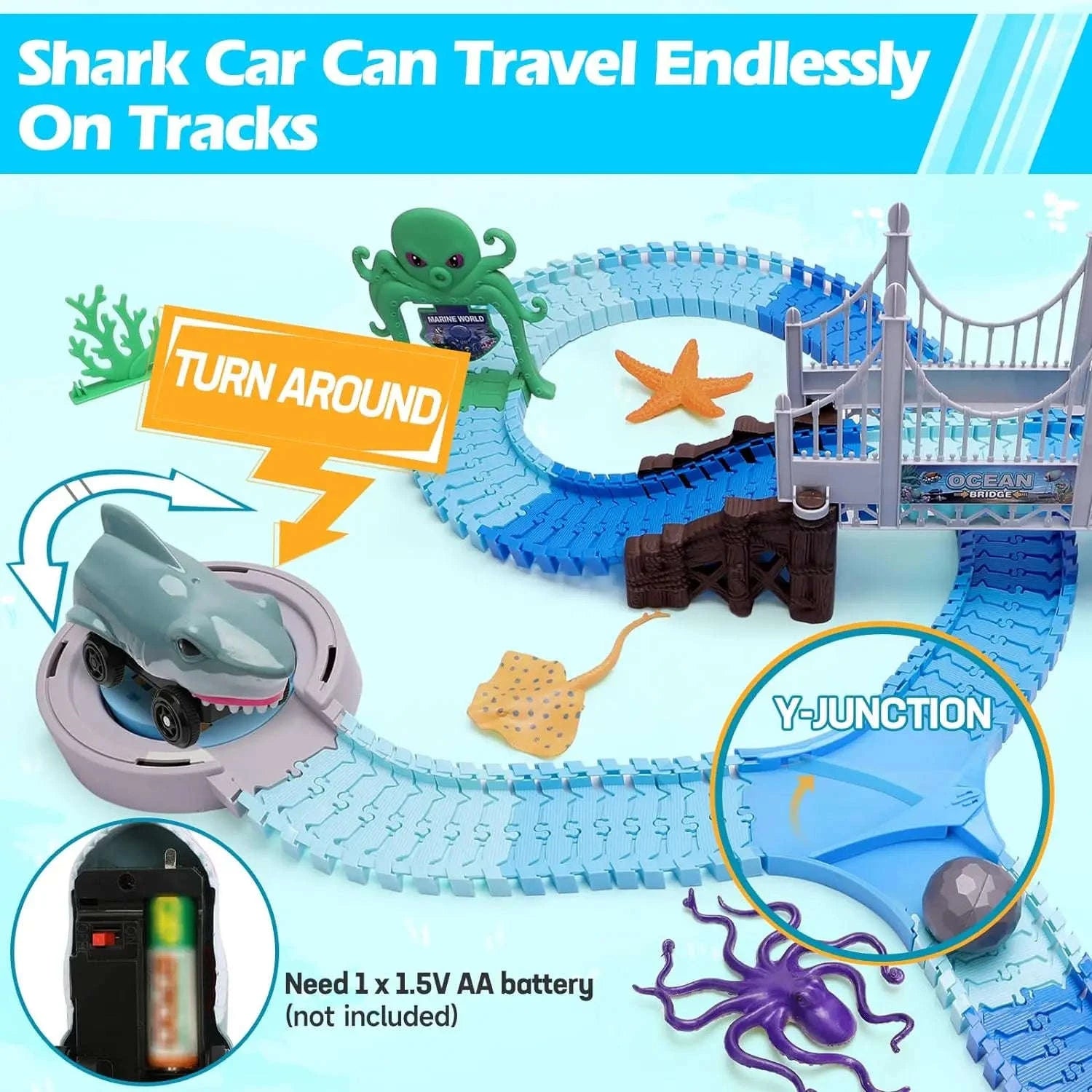 VATOS Shark Race Car Track Toy with Ocean Adventure Theme-Blue / UNITED KINGDOM