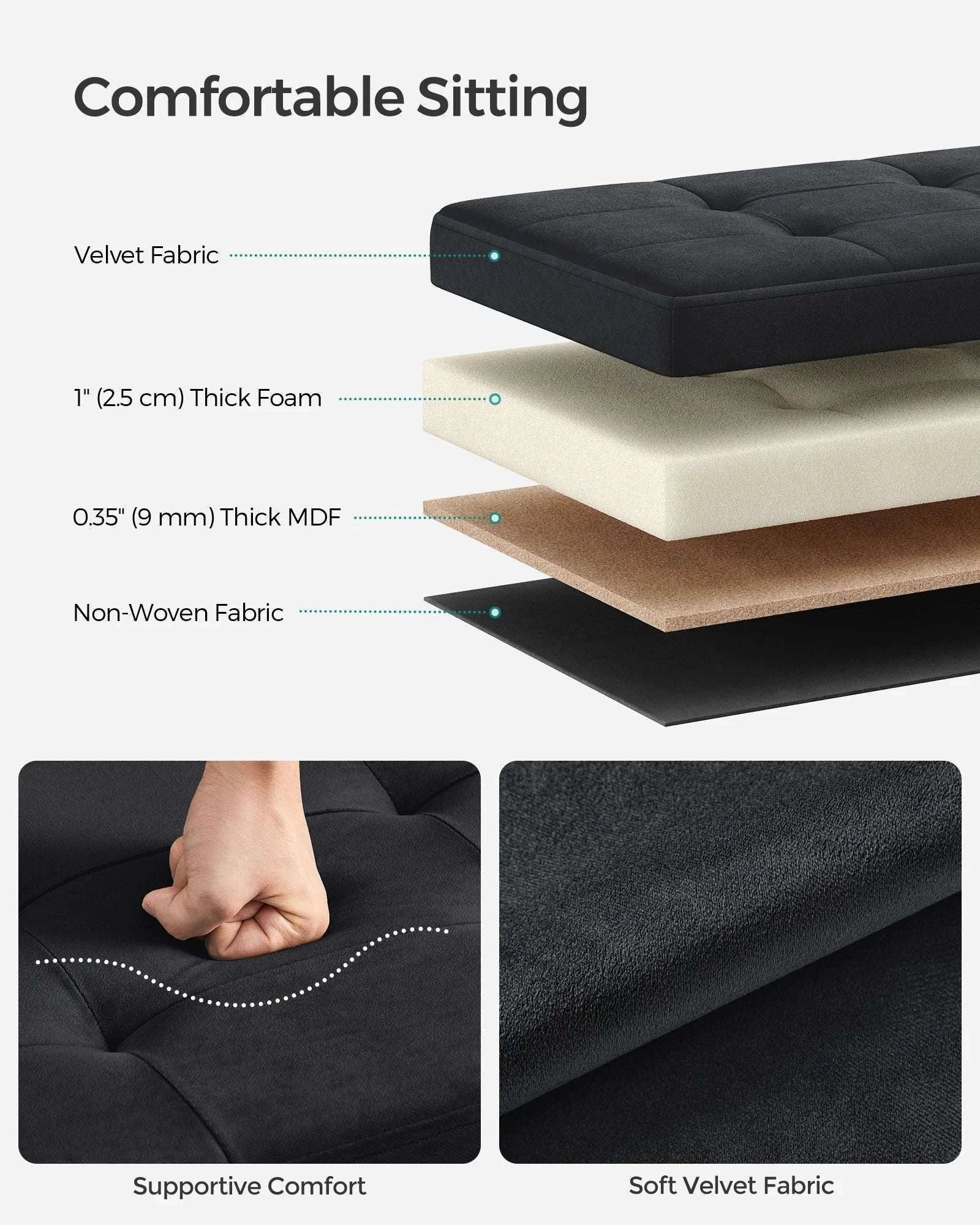 Velvet Storage Ottoman Bench 30" Foldable with Hidden Storage-Ink Black / United States