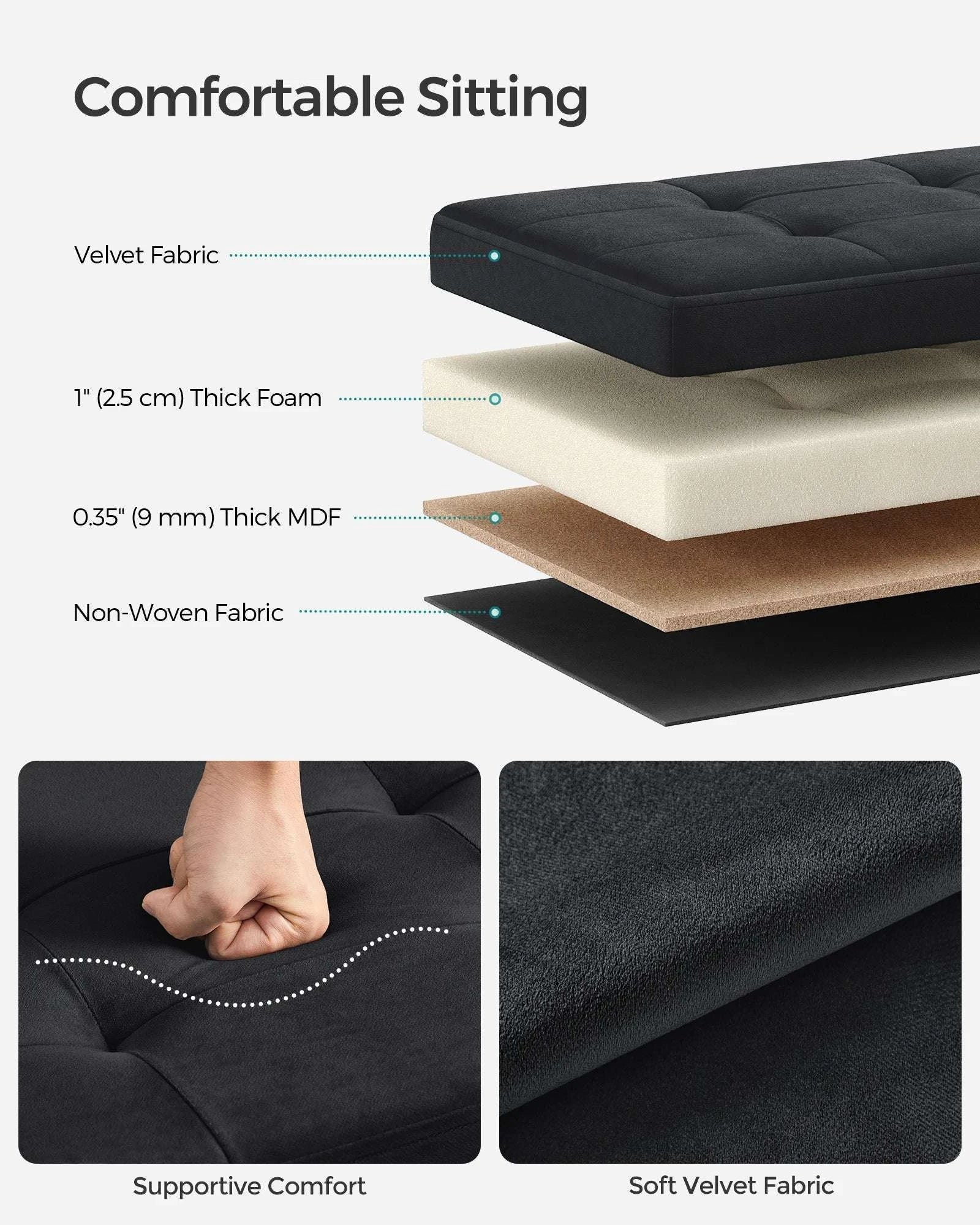 Velvet Storage Ottoman Bench 30" Foldable with Hidden Storage-Ink Black / United States