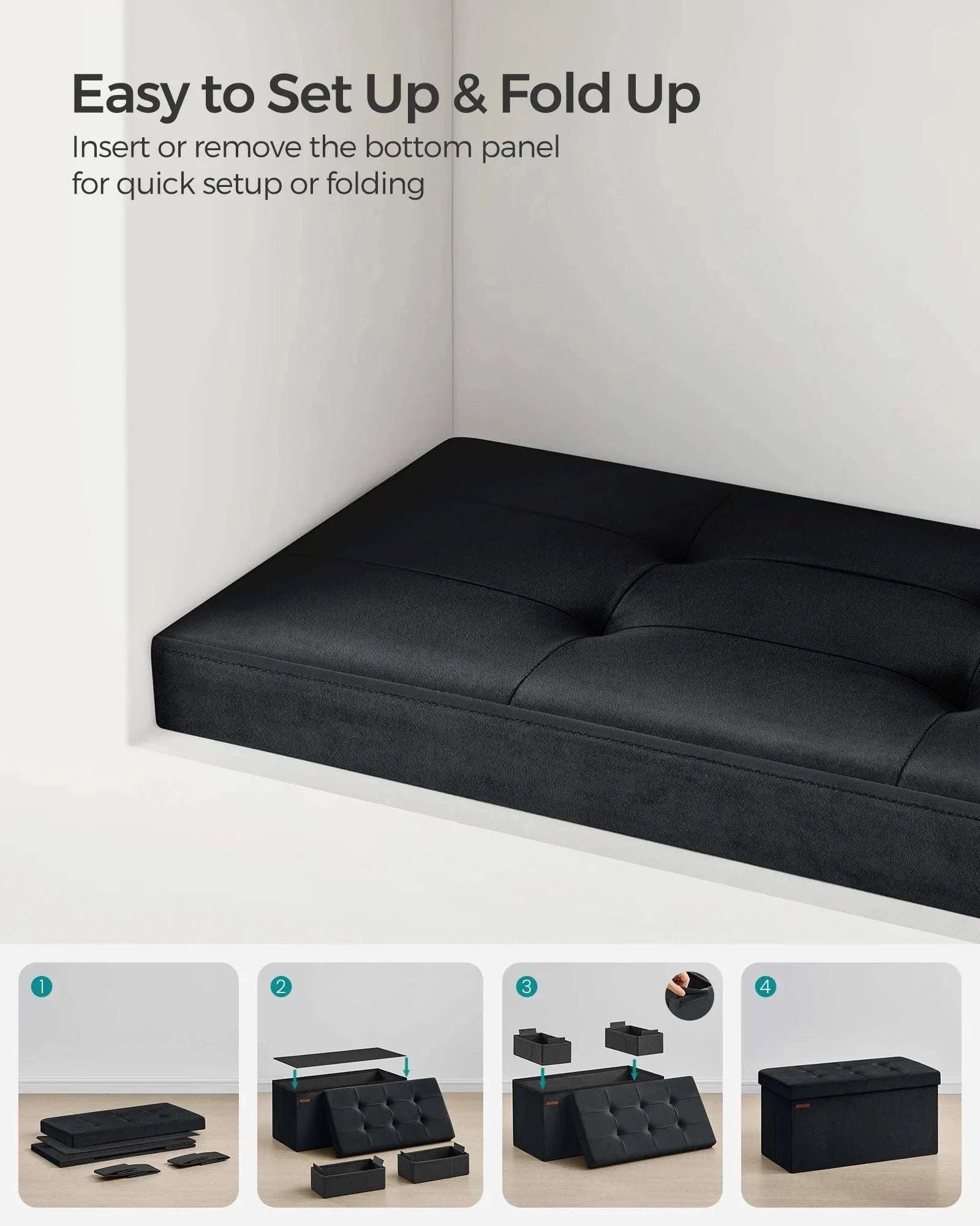 Velvet Storage Ottoman Bench 30" Foldable with Hidden Storage-Ink Black / United States