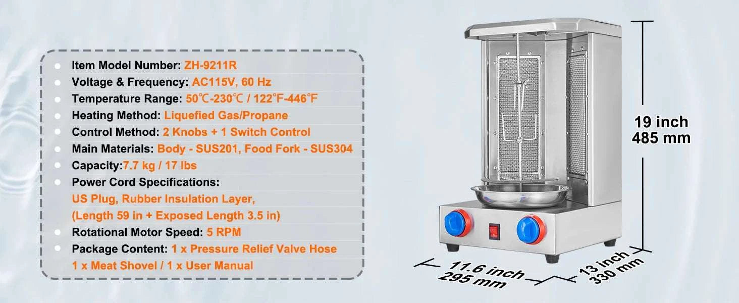 Vertical Shawarma Grill Machine 13 lb Rotisserie with Temp Control-13 pounds Gas / United States