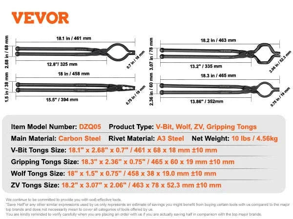 VEVOR Blacksmith Tongs Set – 18-Inch Carbon Steel Forge Tongs-4PCs / United States