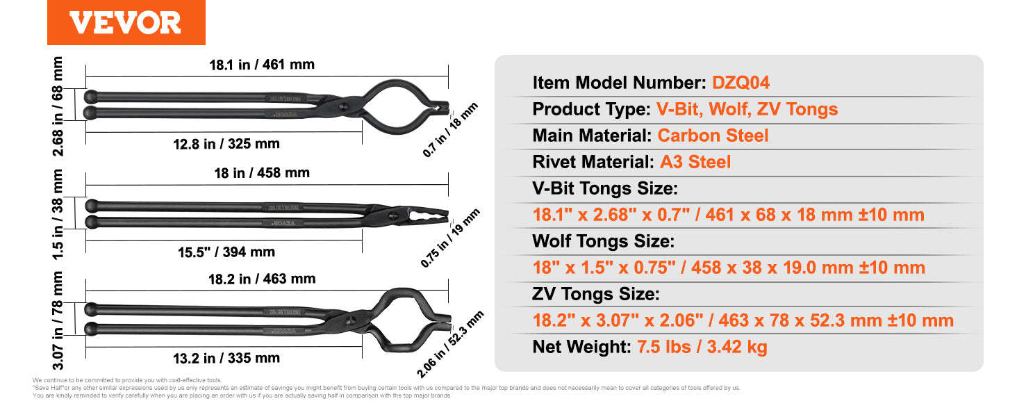 VEVOR Blacksmith Tongs Set – 18-Inch Carbon Steel Forge Tongs-4PCs / United States