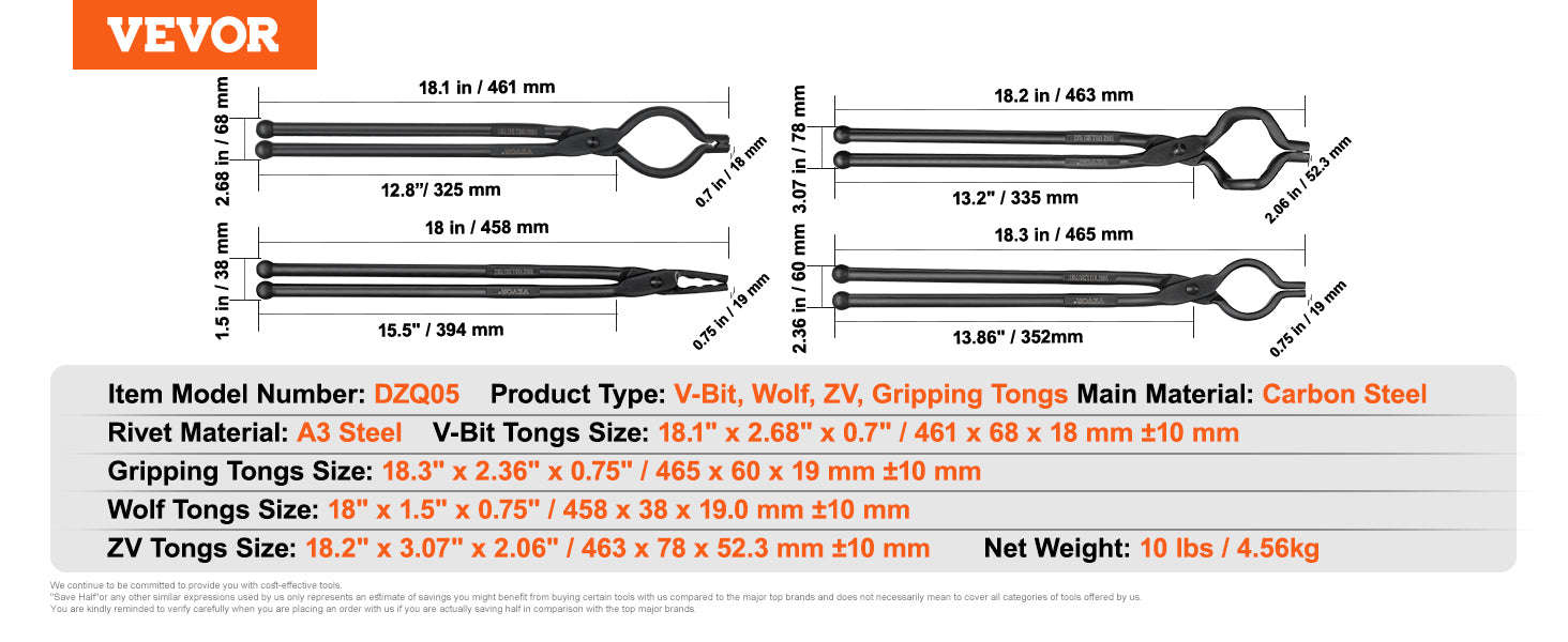 VEVOR Blacksmith Tongs Set – 18-Inch Carbon Steel Forge Tongs-4PCs / United States