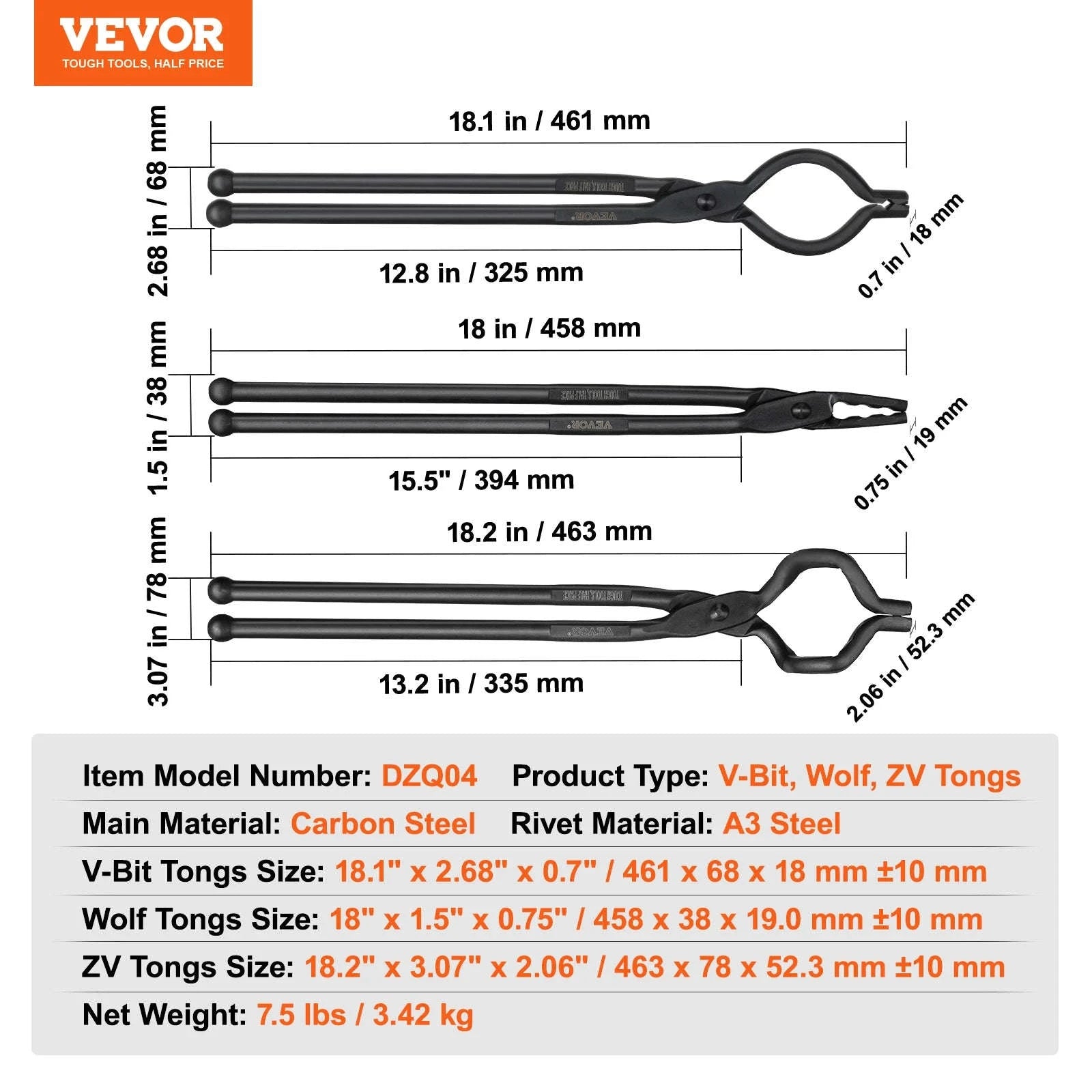 VEVOR Blacksmith Tongs Set – 18-Inch Carbon Steel Forge Tongs-4PCs / United States